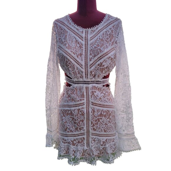 For Love & Lemons Emerie Dress White Lace Long Sleeve Open Back Mini Medium - Picture 2 of 10